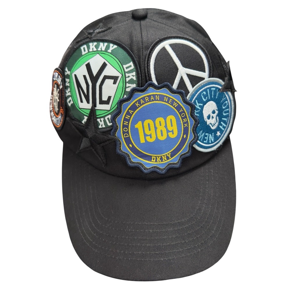 DKNY Donna Karen Patches 1989 Peace Skull Star New York City Strapback Black Hat